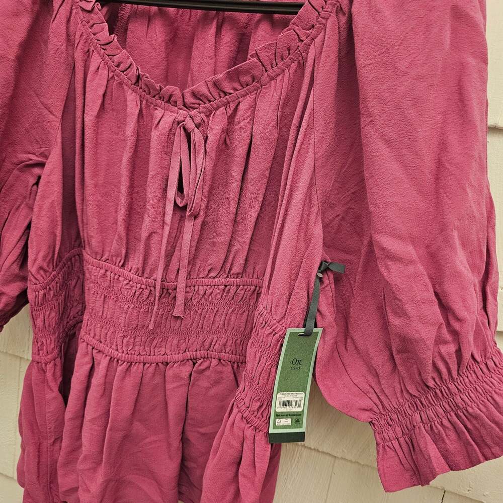 Terra & Sky Women's 0X 14W Pink Smocked Peplum Blouse Puff Sleeve Boho NWT - Picture 5 of 10